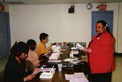 The 'Look Good, Feel Better' Program April 2004. Norma Boyd- Assistant Director of LGFB Program instructs the ladies on skin care and make up application.